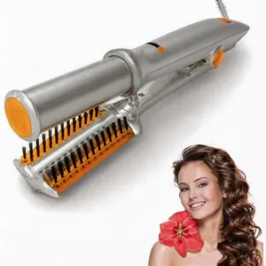 Women's Gold 2-in-1 Ceramic Rotating Roller Hair Curler-Straightener with 3 Temp Settings, Adjust Heat Control, Dry & Wet Easy Styling, Lightweight Comb Handle, Travel-Friendly Universal Voltage Volumizing Tool for Curly Hair tiktokshopspringglowup