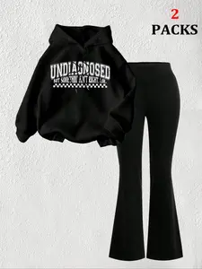 Women's Warm Sweatshirt Set + Slim Fit Flare Pants, Casual Letter Print, Kangaroo Pocket, Summer Loose-Fit