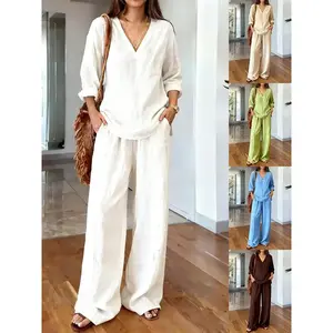 Women's summer and spring two-piece long sleeved V-neck top and wide leg pants, breathable and cool casual linen lounge beach travel set, women's casual pullover for holiday wear, perfect for holiday occasionsRAIMENTRY