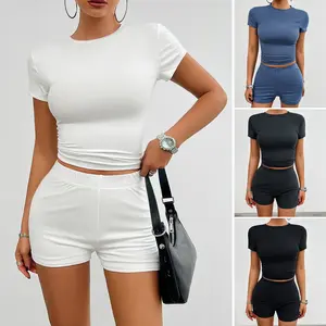 Perfect Solid Color Slim Sports Suit Summer 2Pcs Short-sleeved Round Neck T-shirt And Elastic Shorts Fashion Womens Clothing