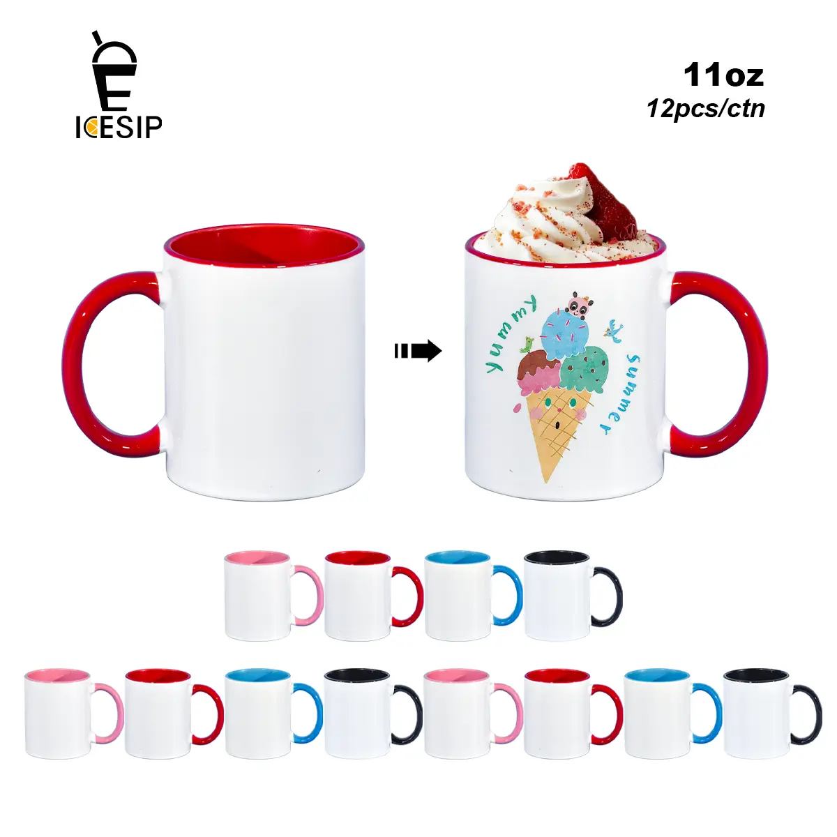Icesip 4-Color 11 oz Sublimation Ceramic Blank Coffee Mug, 12pcs/Carton for Custom DIY Drink Cup, Washable Home & Festive Party Gift Supplies