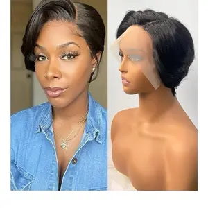 Short Pixie 8 Inches Transparent Human Hair 100 % Natural 200% Density Wigs for Women