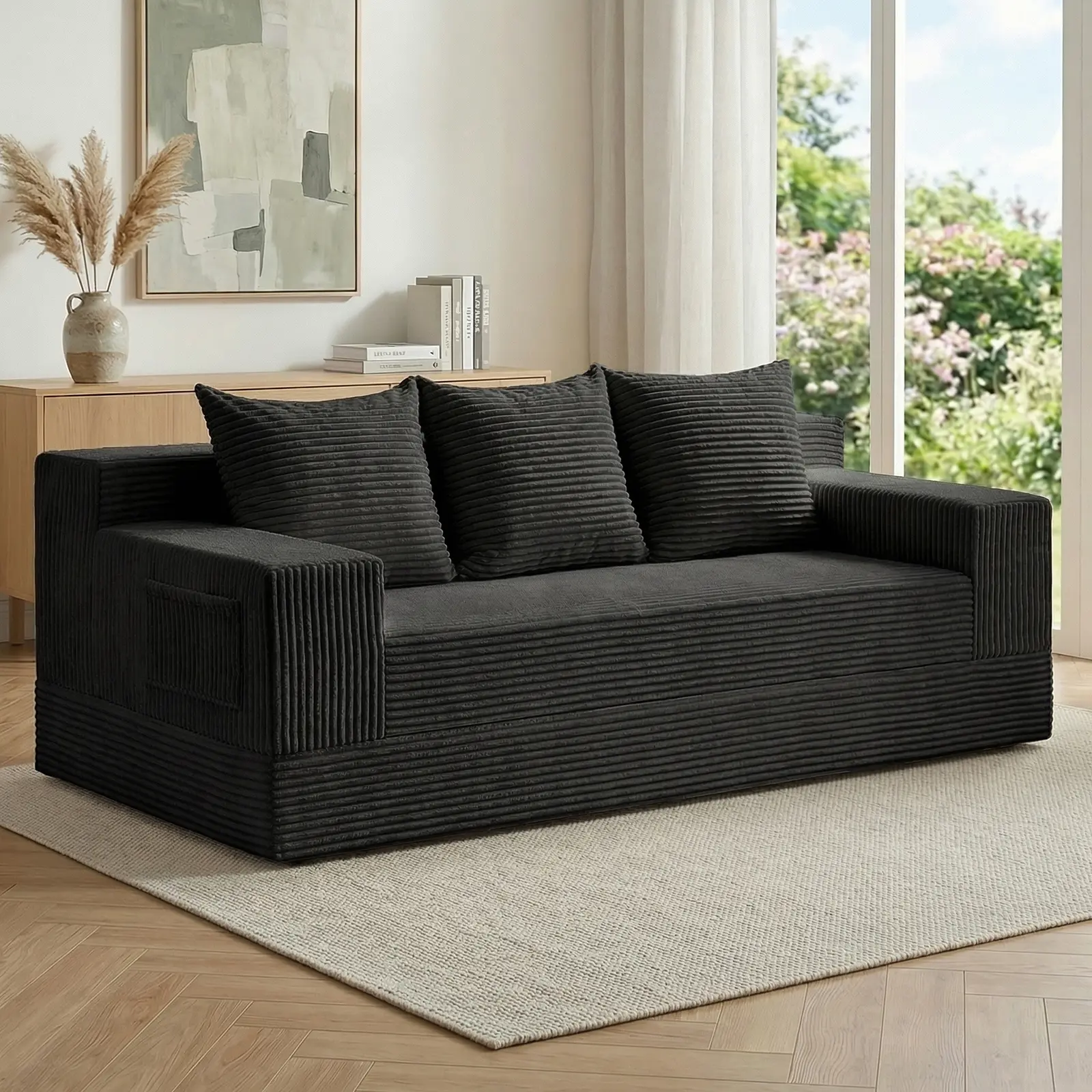 Winzoo Oversized Loveseat Boneless Couch Folding Sofa Bed, 78'' Corduroy 3-Seat Compression Convertible with 3 Pillows for Living Room Bedroom Apartment