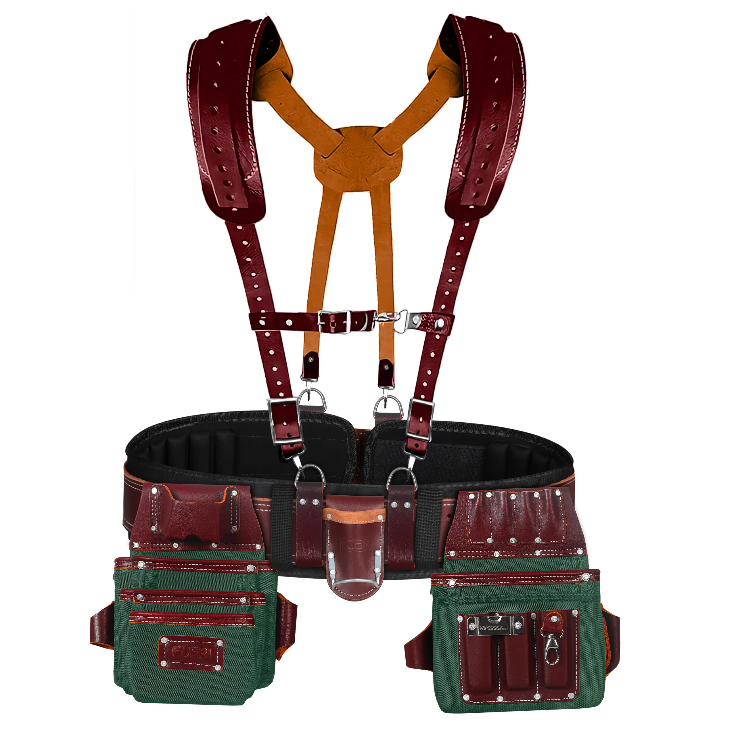 FUERI Heavy Duty Tool Belt for Men - 26-Pocket Green & Maroon Nylon Leather Organizer, Storage Solution for Carpenters, Tools Organizer Bag