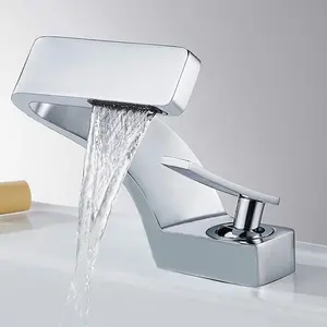 Chrome Bathroom Sink Faucet 1Hole Lavatory Vanity Mixer Tap Single Handle Waterfall Spout Bathroom Faucet Washbasin Faucets with Supply Hoses