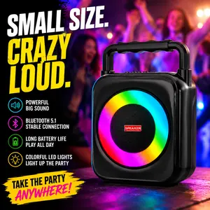 4-inch Bluetooth speaker with loud volume, multiple playback modes, long battery life, equipped with Bluetooth 5.1 technology, colorful lighting, portable handheld design, clear sound quality, suitable for dancing, outdoor activities, home use, and more.