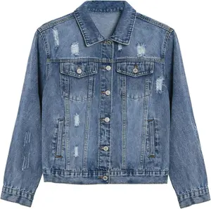 LifeShe Distressed Jean Jacket Women Basic Ripped Denim Jacket Fall Boyfriend Shacket 2026 Trendy