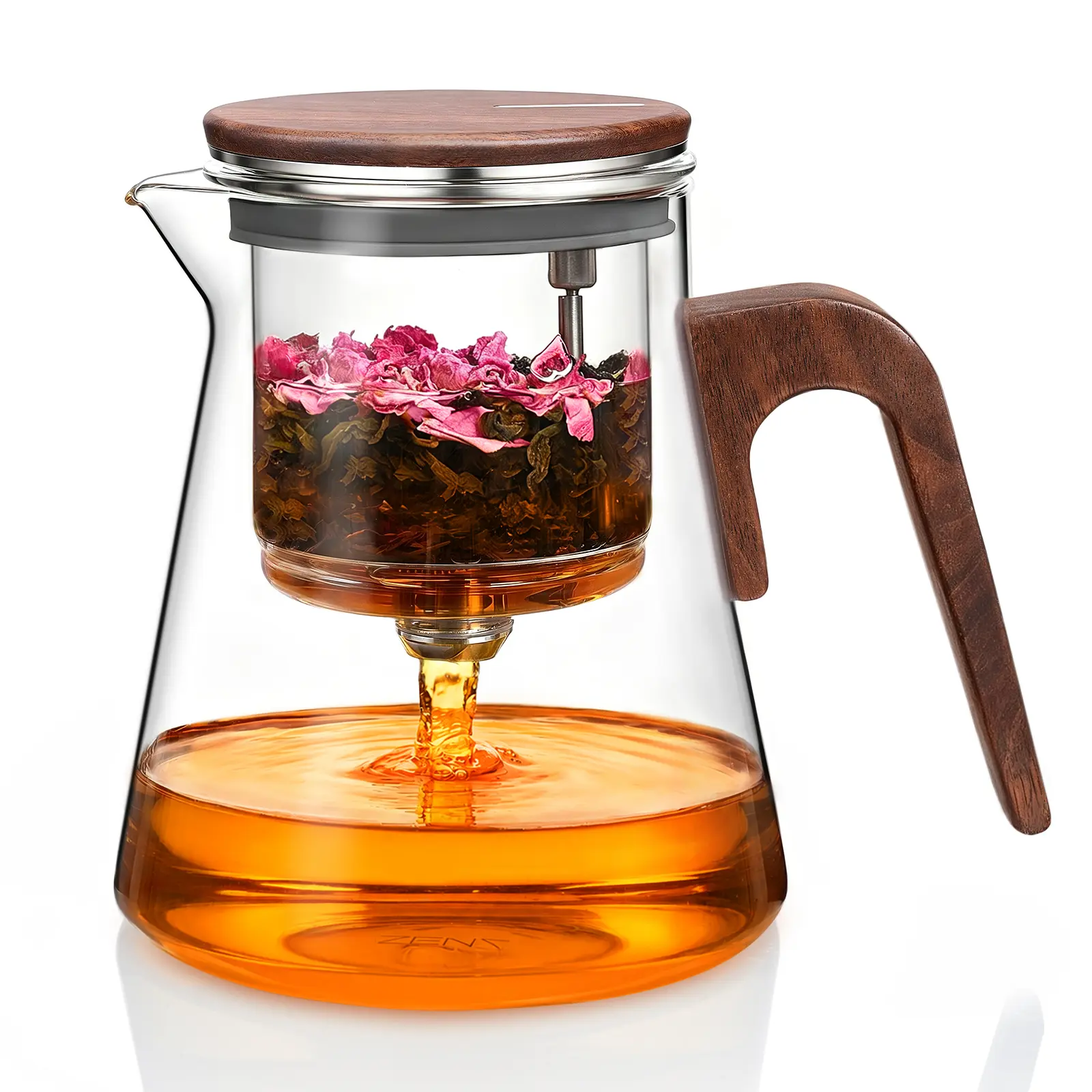 ZENS Magnetic Tea Pot, Enchanted Glass Teapot with Infuser and Magnetic Suction Lid for Mess-Free Loose Tea Diffusers, Walnut Wood Handle, Tea Lovers Gifts-27oz