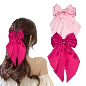 2Pcs Hair Bows for Women，Hair Ribbons Bow for Girls Big Pink Hair Bow Clips Long Tail Hair Clips Satin Bows Hair Clips, Pink Hair Bow Accessories Birthday Gift