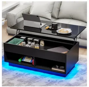 Lift Top Coffee Table with Hidden Compartment High Gloss Black Coffee Tables LED Center Rising Cocktail Table for Living Room Accent Furniture