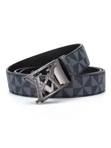 Men's Fashion Geometric Print Belt, Premium PVC Leather, Automatic Buckle, Plaid Pattern, Casual Style, All Seasons, Dress & Jeans