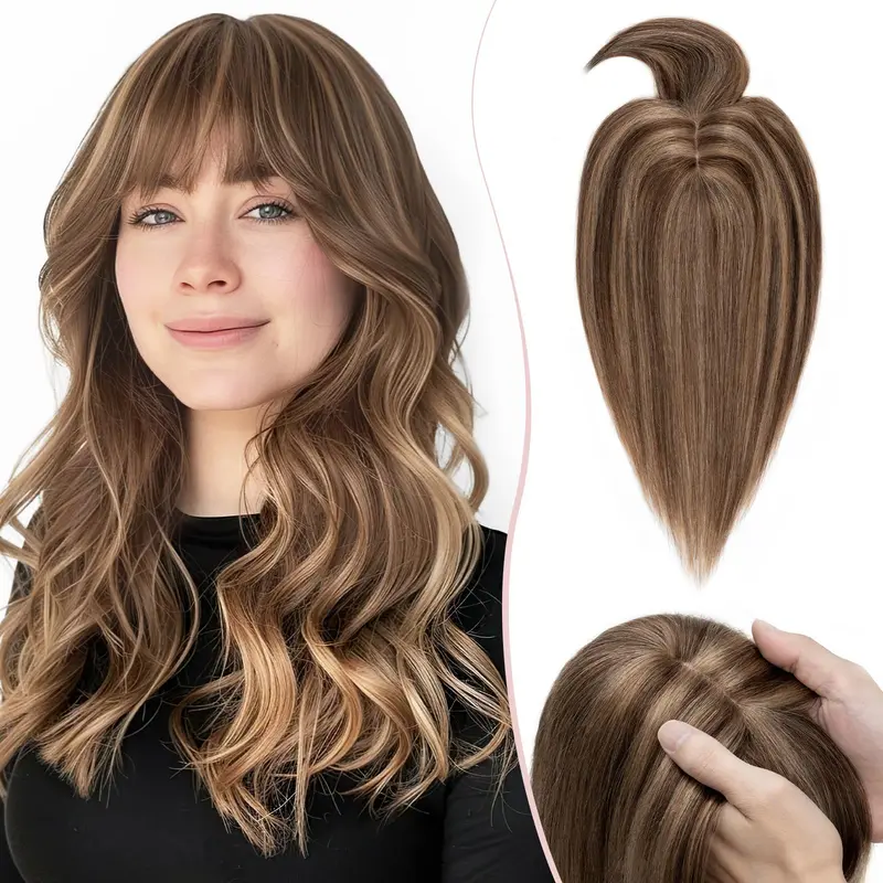 SEGOHAIR Female Handmade Lace Human Hairline Topper with Bangs, 33g-44g Real Hair Topper, 3 Anti-Slip Clips, Comfortable Easy Wear & Removal, Natural Look
