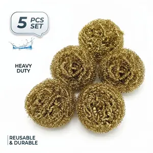 5 Counts Copper Wire Cleaning Ball, Pure Copper Material, Safe for Pots, Golden Brass Steel Wire Brush, Easy Dish Washing Tool