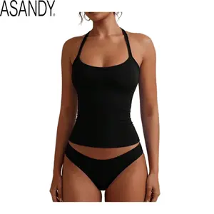 ASANDY Women's Smooth Nylon Halter Neck Tank Top, Solid Criss Cross Backless Cami for Yoga, Swim & Everyday Wear
