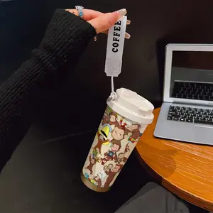 Coffee Cup 530ML/17.7oz Insulated Mug, Curious George Cartoon Monkey Design, Dual-Layer Leakproof Travel Thermos, Gift for Coffee Lovers