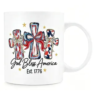 God Bless America 1776 Cross Mug, Patriotic Coffee Cup, 4th of July Gift, USA Pride Ceramic Mug