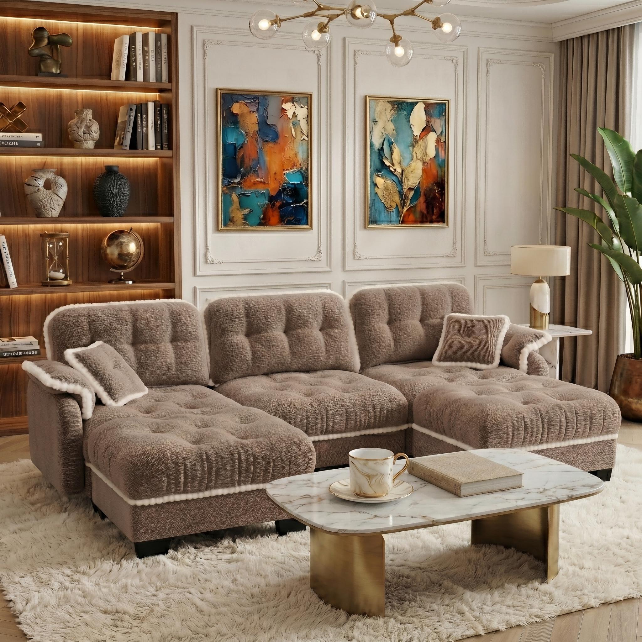 Eyisean 100.7in Chenille Modern Modular Sectional Sofa Furniture - 3-Seater U-Shaped Comfy Couch with Fixed Arms, Armrest Pillow, Back Cushion, 2 Movable Ottomans, Pom-Pom Trim Quilted Tufted Deep Seat, Ergonomic for Living Room Decor, Small Spaces, Ottom