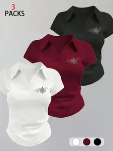 Women's 3-Pack Collared V-Neck Short Sleeve T-Shirts, Slim Fit Waist, Cotton Breathable, Floral Print, Casual Chic Style Top