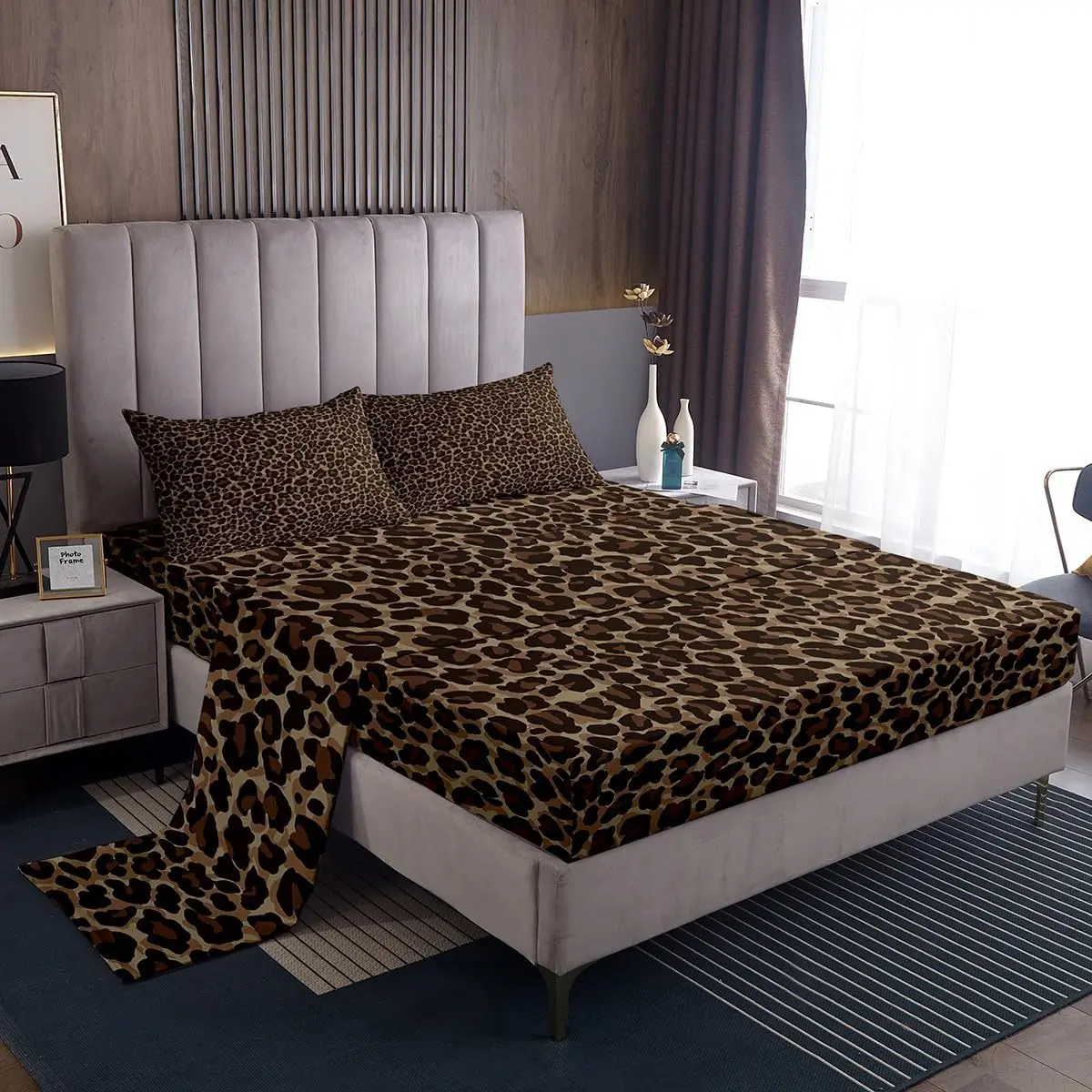 Cheetah Print Bed Sheets Set,Brown Leopard Sheet Set,Animal Skin Texture Sheets,Rustic Flat Fitted Sheet with 1 Pillowcase Deep Pockets