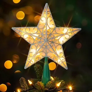 11 Inch Star Tree Topper, Lighted Glitter Christmas Treetop with 10 Lights, Christmas Decorations for Xmas Tree Home Bar Shop (Silver)