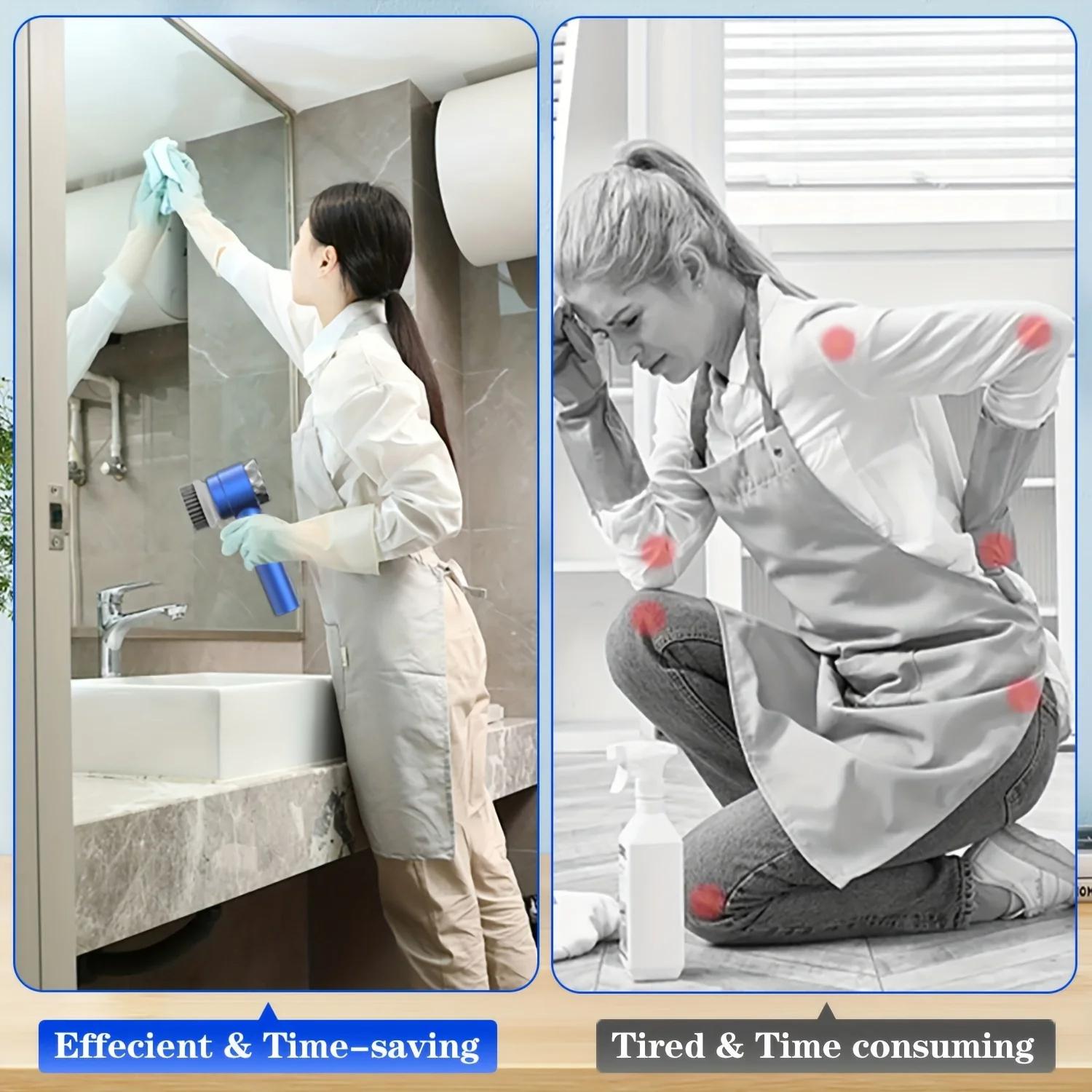 Depurador giratorio eléctrico con 5 cabezales de cepillo reemplazables, depurador de ducha recargable de mano ajustable de tres velocidades Depurador giratorio eléctrico con 5 cabezales de cepillo reemplazables, depurador de ducha recargable de mano ajustable de tres velocidades