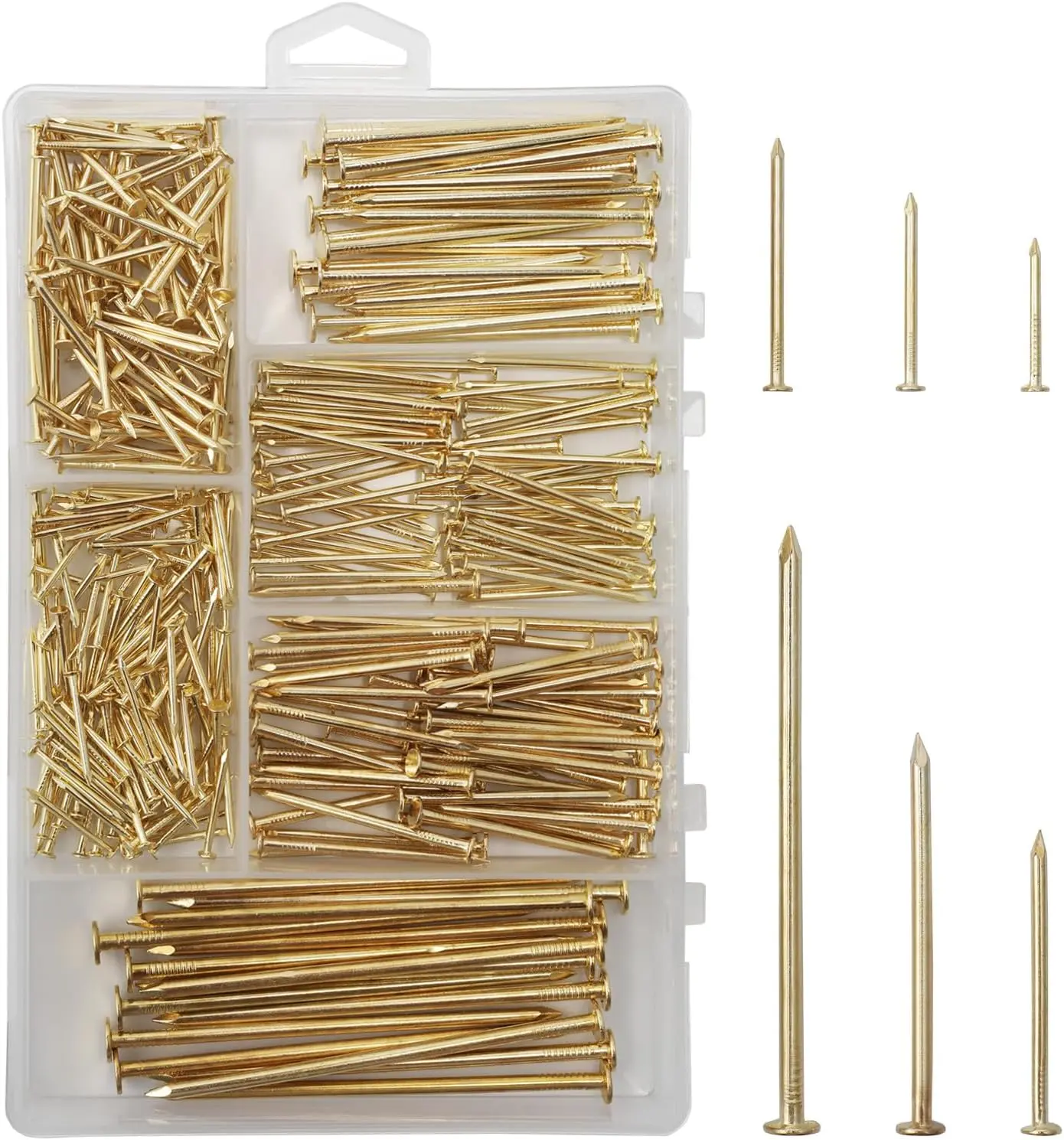 6 Sizes  Hardware Nails Assortment Kit, 358 count, Brass Plated, Nails for Hanging Pictures, Finishing Nails,  Nails, Wall Nails for Hanging (3, 2, 1-1/2, 1-1/4", 1, 3/4")