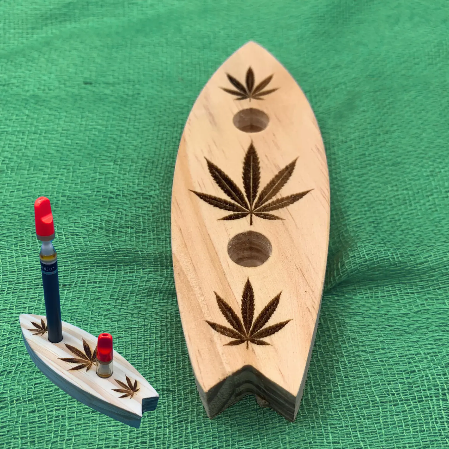 Vape Pen Holder - Surf Board - Leaf - Aloha - Solid Wood, Holds 510 Thread Vape Pens &/or Cartridge