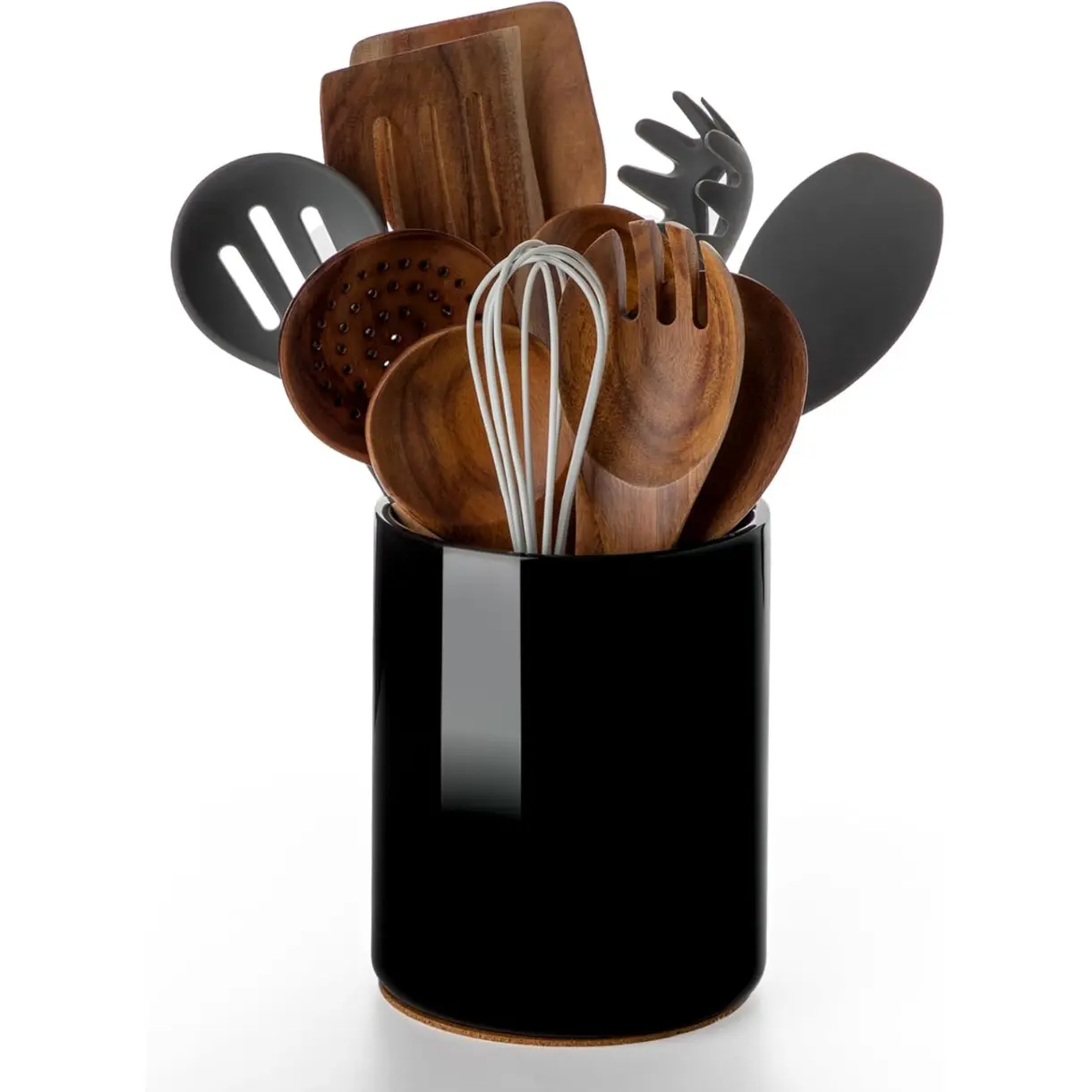 Utensil Holder, 6.4" Ceramic Kitchen Utensil Holder with Countertop-Protection Cork Bottom, Farmhouse Kitchen Decor for Counter (Black)