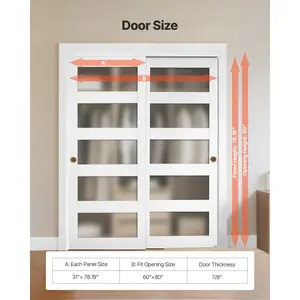 fathersdaygift  VEVOR Sliding Closet Door, 60 (Double 31)x 80, 5-Lite Frosted Glass Bypass Sliding Doors with Hardware Kit Floor Guide, Solid Wood MDF Slab with Water-Proof PVC Surface for Closets Bedrooms