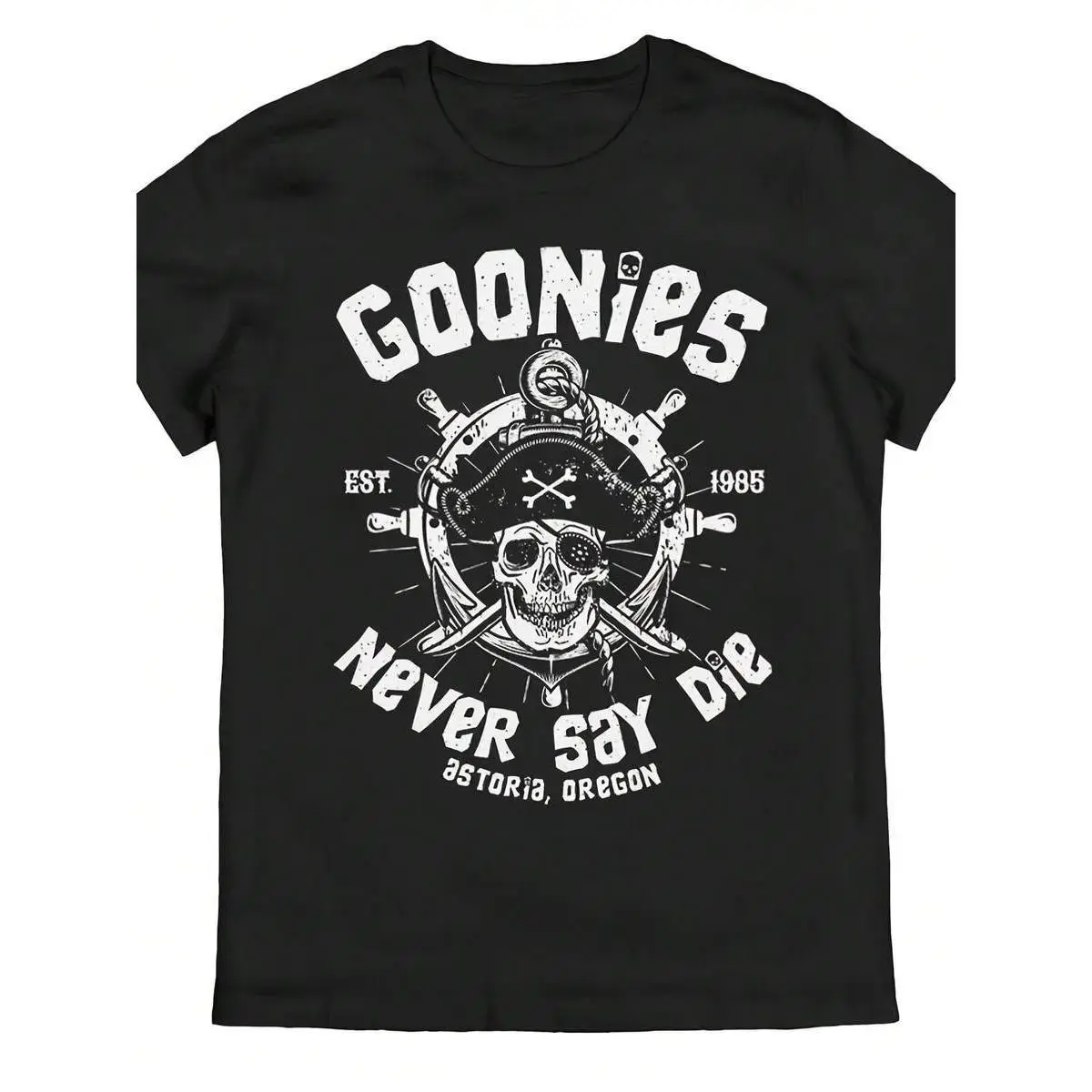 Never Say Die Retro Tee 1985 Vintage Cotton T-Shirt with Skull & Crossbones for Y2K Streetwear, Casual Comfort & Movie Fan Fashion