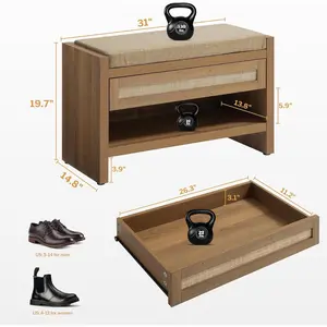 Rattan Shoe Bench Entryway Bench with Storage Drawer and Linen Seat Cushion, Farmhouse Boho Shoe Rack with Shelf, Wooden Storage Bench for Entryway Hallway and Bedroom, Caramel Oak