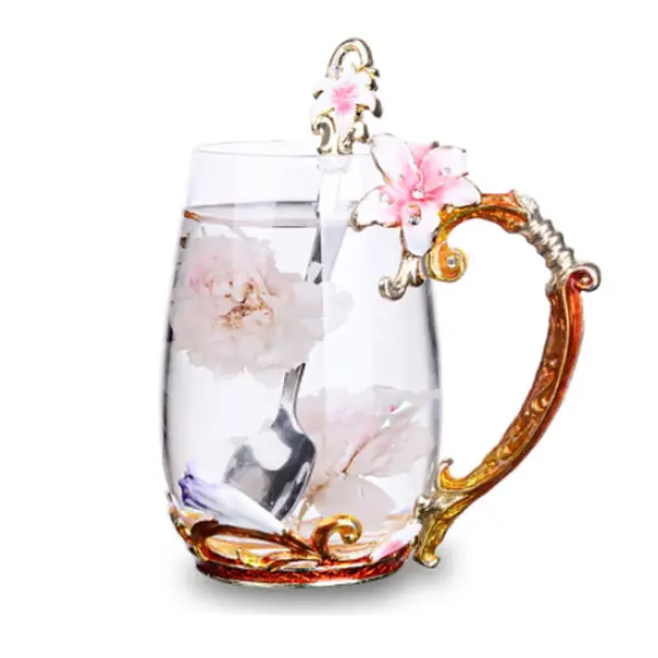 Pink Lily Flower Glass Coffee Mug Tea Cup Gifts for Women,Christmas/Mother's Day Gifts for Women/Mother/Wife