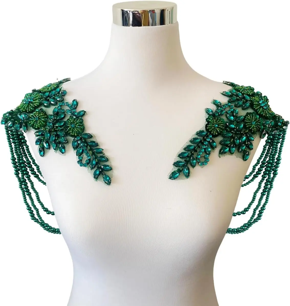 1 Pair Beaded Tassel Rhinestones Sew-on Sequin Diamond Applique Epaulettes Shoulder Patches for Clothes Wedding Dress DIY Accessories Deepgreen