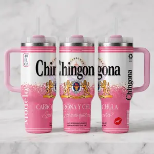 40oz/30oz/20oz Pink Chingona Modelo Inspired Insulated Tumbler with Handle & Straw - Funny Latina Travel Mug, Pink Cabrona y Chula Mexican Style
