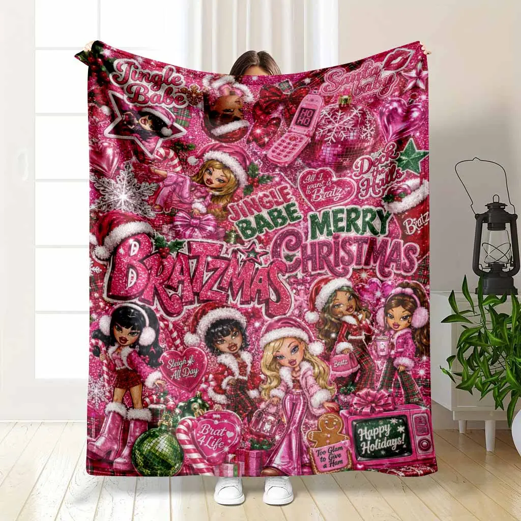 Y2K Fashion Dolls Pink Aesthetic Christmas Flannel Blanket Jingle Babe Throw Ultra Soft Winter Holiday Room Decor Teen Girl Gift