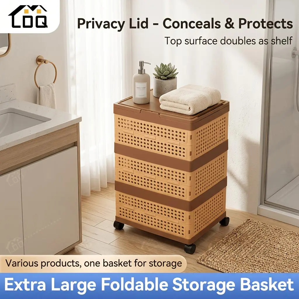 Laundry basket, modern upgraded foldable wheeled laundry basket, large capacity covered rolling laundry basket, movable and stackable clothing sorting basket, home storage, suitable for laundry room and bathroom decoration