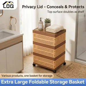 Laundry basket, modern upgraded foldable wheeled laundry basket, large capacity covered rolling laundry basket, movable and stackable clothing sorting basket, home storage, suitable for laundry room and bathroom decoration