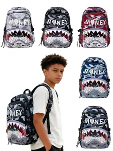 SHARK ATTITUDE" Backpack: Bold Shark Mouth & "MONEY" Print. Anti-Theft, Large Capacity. Durable Unisex Casual Bag for Campus, Travel & Street Style