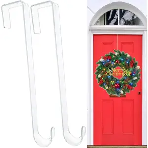 2PCS Hanger, 12” Clear Wreath Hooks for Front Door,  Over the Door Easter Christmas Decoration Hangers Fall Halloween Wreaths holder, Non Scratch Wreath Hangers for Front Door Décor Welcome Sign