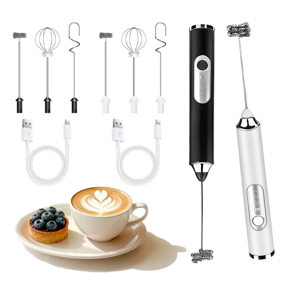 Twin-Pack Cordless Panda Color Rechargeable Handheld Electric Coffee Frother Mixer - 6 Whisk Attachments, 3 Detachable 304 Stainless Steel Whisk Heads, 1200mAh Battery, Speed Control, Compact Household Appliances, USB-C Cable, Perfect Gift