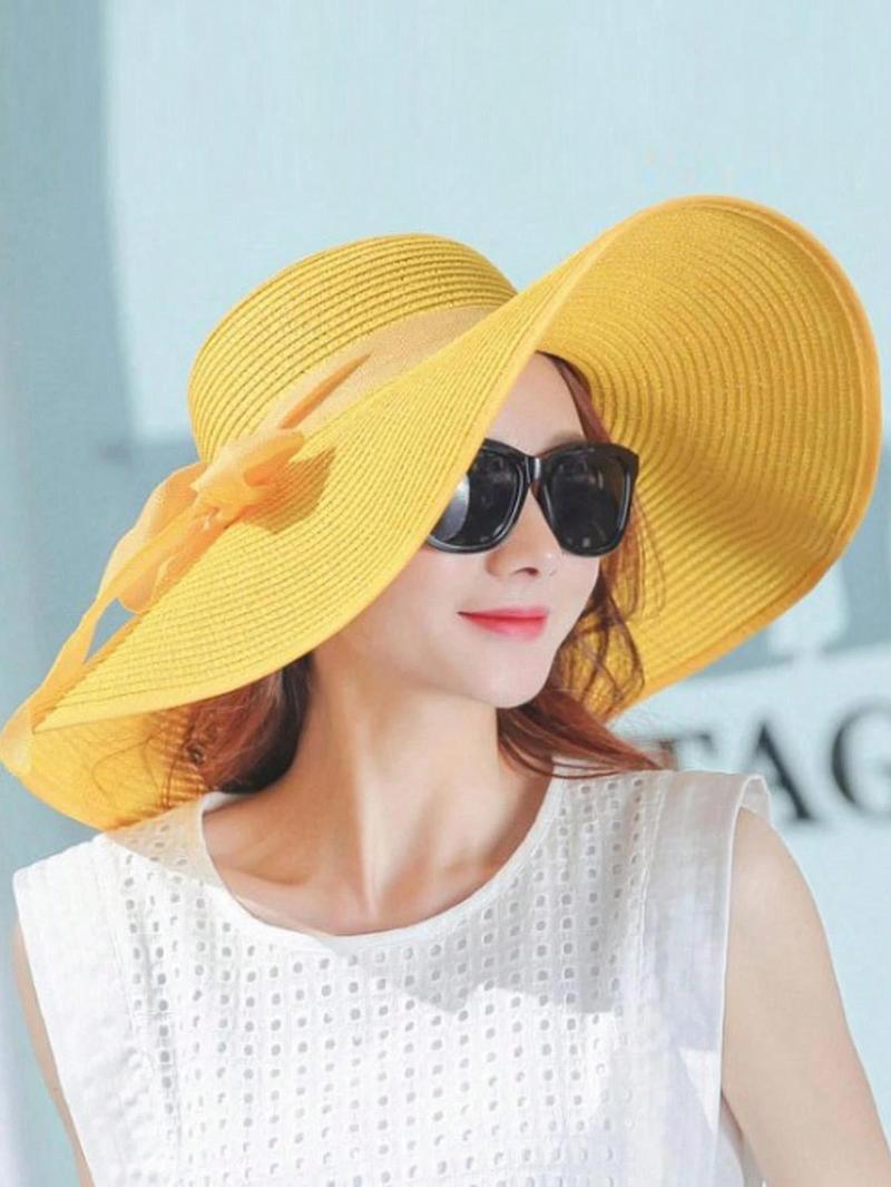 2025 New Extra Wide Brim Straw Hat, Women's Sun Protection Beach Hat, Summer Foldable Casual Elegant Polyester Bowknot Decor Hat, Suitable For Beach, Street, Spring/Summer
