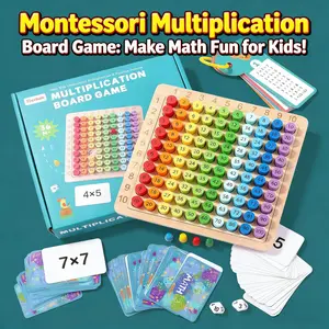 Novakids Montessori Math Board Game for Ages 3-8 Wooden Multiplication Times Table Toy with Flash Cards Early Math Learning Number Sense Building Toy for Homeschool