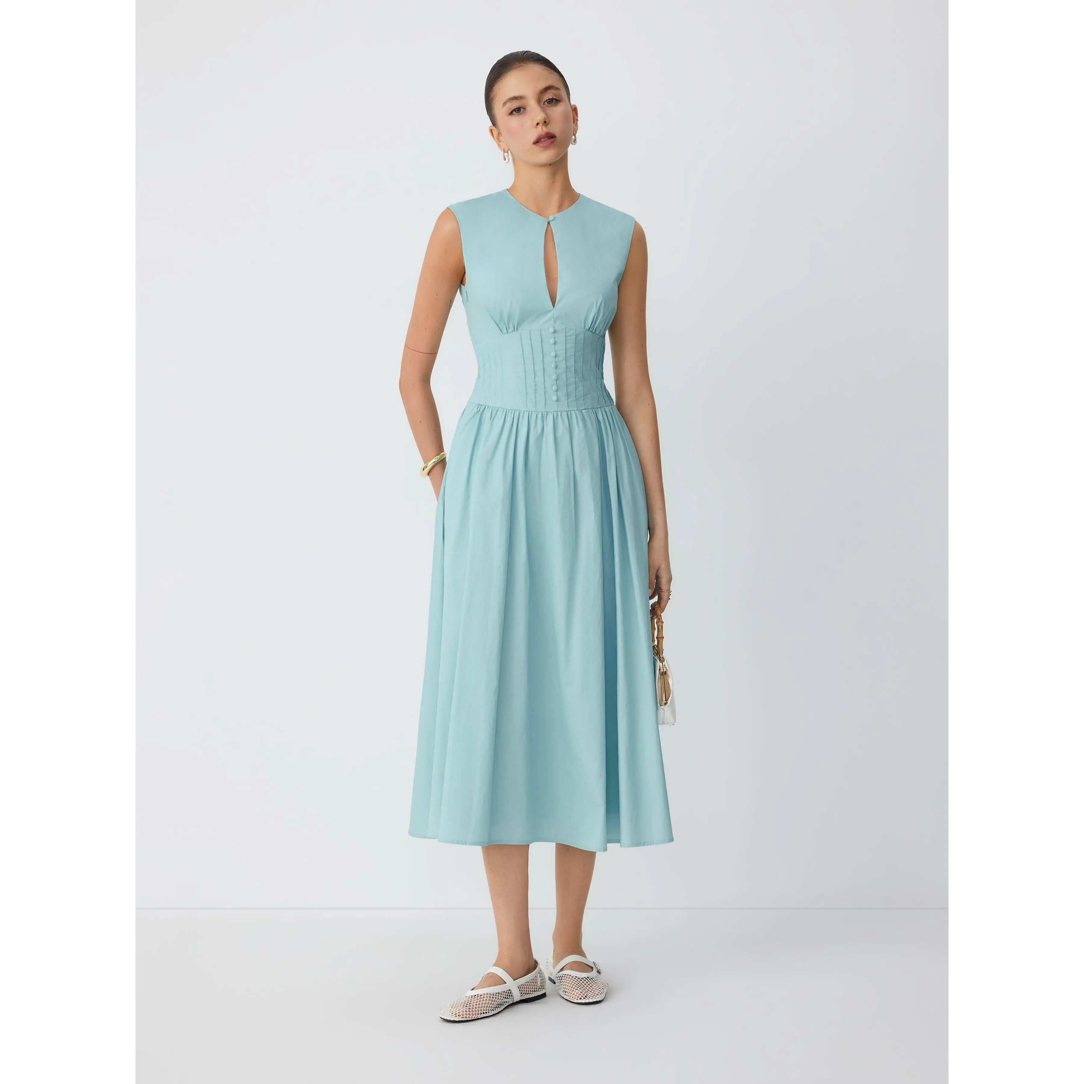 Cider Cotton Sculptural Cut Out Pocket Ruched A-line Maxi Dress