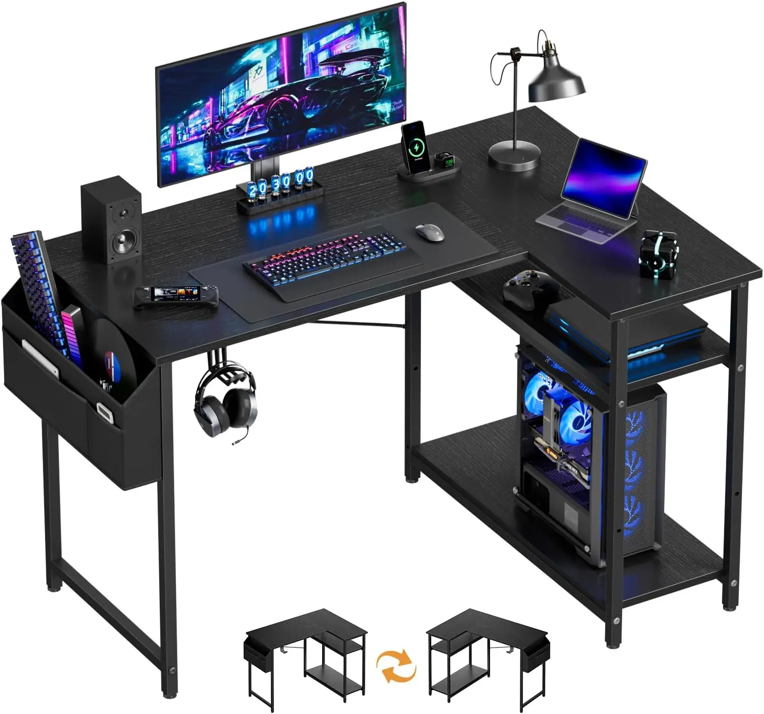 Ecofurnix,L Shaped Gaming Desk, 110 x 80 cm Computer Desk, Corner Desk with Reversible Storage Shelves, Office Desks with Storage Bag and Headphone Hook, Workstation for Writing Study Play summerwins