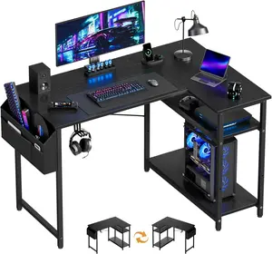 Ecofurnix,L Shaped Gaming Desk, 110 x 80 cm Computer Desk, Corner Desk with Reversible Storage Shelves, Office Desks with Storage Bag and Headphone Hook, Workstation for Writing Study Play