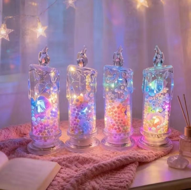 Set of 4 Multicolor Rose Flame-Free Candles Creative Ambiance Romantic Candles LED Realistic Electronic Candles with Preserved Flowers Night Light Decorative Piece Valentine's Day, Halloween, Christmas Gifts Wedding & Proposal Decorations