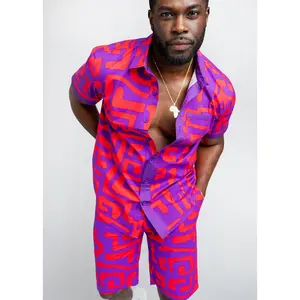 Tisholo Men's African Print Color-Blocked Shirt (Purple Red Geometric)