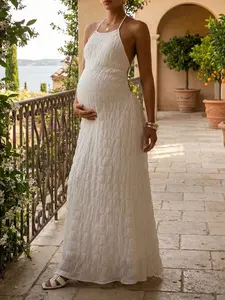 ELARA Clean Girl Aesthetic Pregnant Outfit Alabaster Tone Form-Fitting Bare Arms Elegant Mid-Calf Length