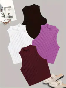 Women's Solid Ribbed Mock Neck Tank Top, Casual Sleeveless Top for Daily Wear, Ladies Clothes for All Seasons