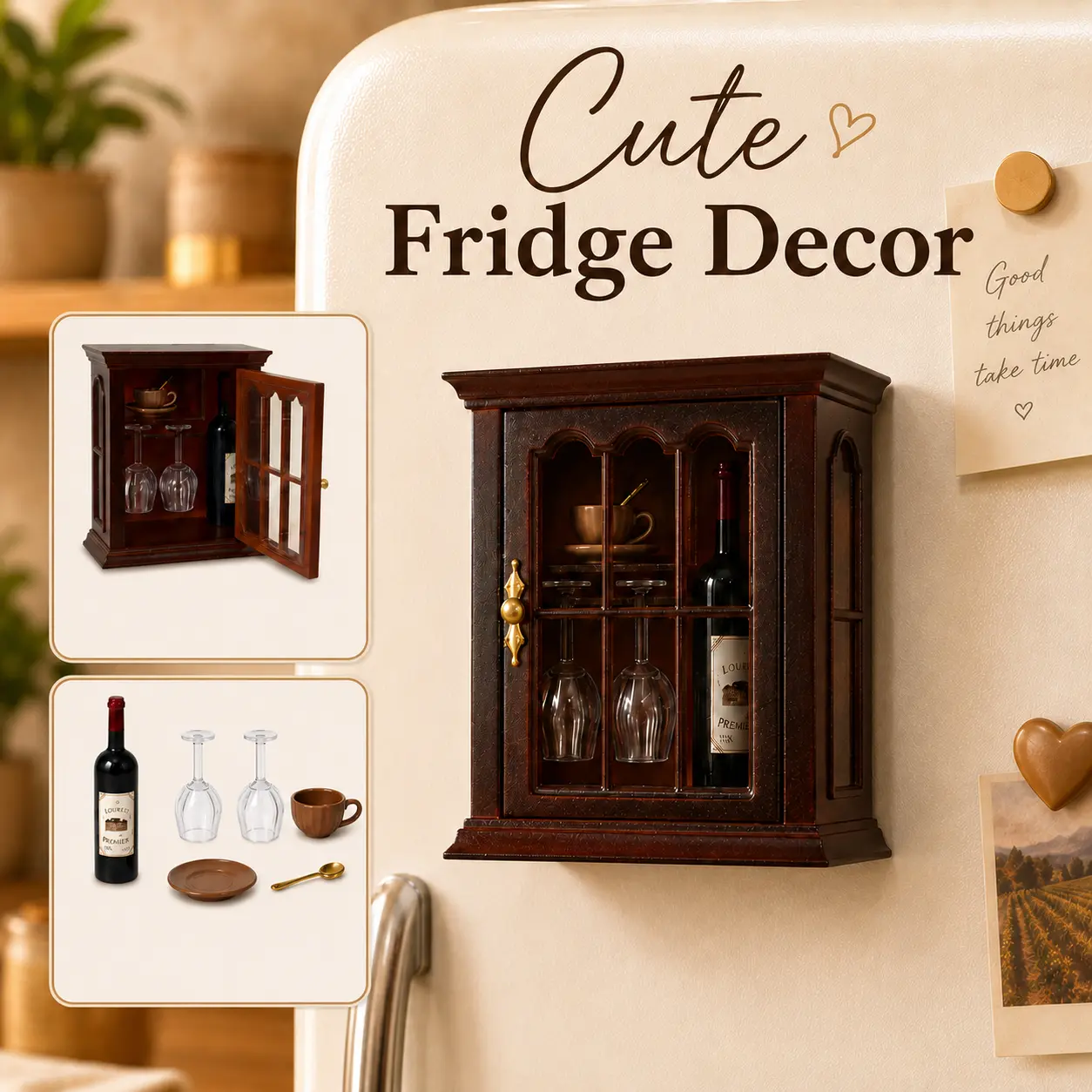 1:12 Scale Ceramic Miniature Wine Cabinet Fridge Magnet Set - Dollhouse Miniature Model with Openable Door, Wood Grain Textured Details, Mini Wine Bottle, 2 Glasses, Brown Cup & Saucer Set, Spoon, Accessories, Home Decor Displays Gift, Fidget Tool Users